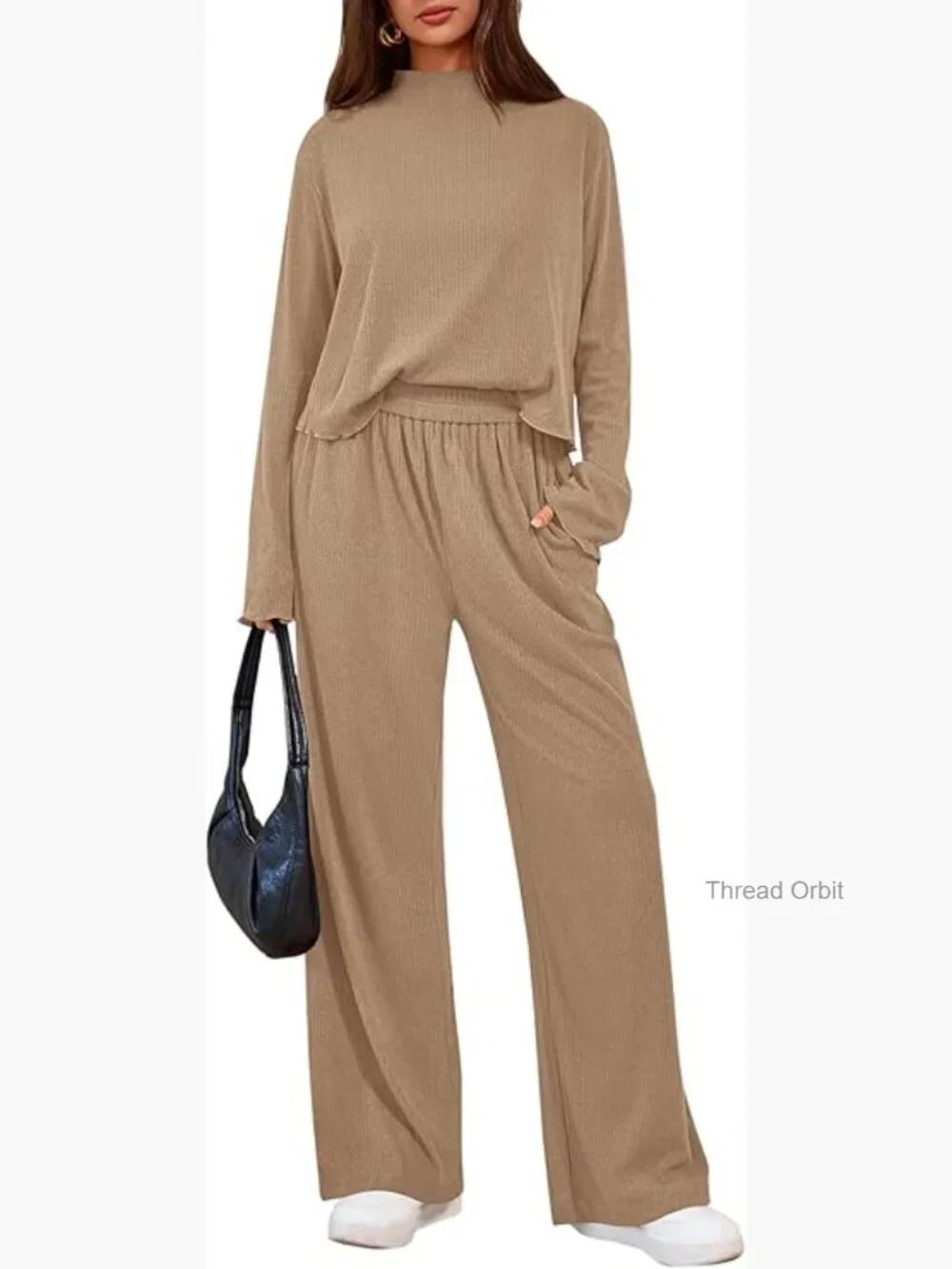 Small Ribbed Knit Sweatsuit Set Long Sleeve Crewneck Wide Leg Pants